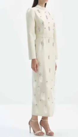 Embellished Button-Front Long Sleeve Mini Dress - White