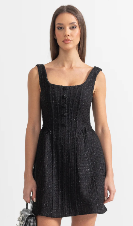 Mini Dress with Square Neckline and Button Detail - Black