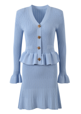 Knitted Long Sleeve Button-Up Mini Dress - Blue