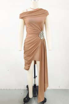 Asymmetrical Drape Mini Dress - Beige