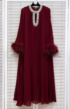 Feather Sleeve Details Maxi Dress - Maroon