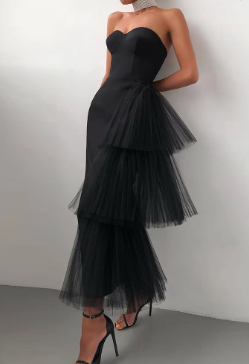 Strapless Floral Detail Midi Dress - Black