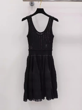 Ribbed Knit Mini Dress with Flared Skirt - Black