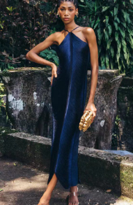 Asymmetrical Halter Midi Dress with Fringe Detailing - Navy