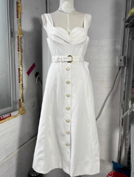 Midi Dress with Button Front and Belted Waist - White