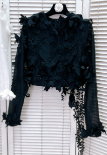 Cropped Long Sleeve Top with 3D Floral Accents - Black
