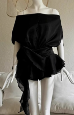 Boat Neckline Ruffled Mini Dress - Black