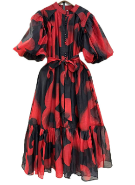Maxi Dress with Puff Sleeves and Abstract Print - Red
