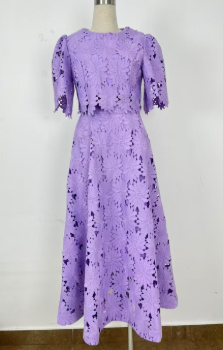 Two-Piece Set with Short Sleeve Top and Cutout Midi Skirt - Purple