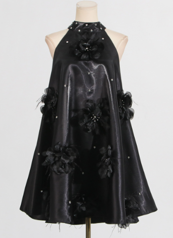 Sleeveless A-Line Mini Dress with 3D Floral and Pearl Accents - Black