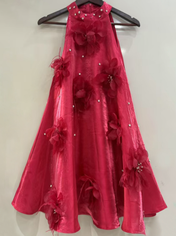 Sleeveless A-Line Mini Dress with 3D Floral and Pearl Accents - Red