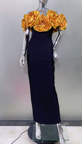Off-Shoulder Midi Dress with Large Floral Accents - Gold