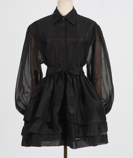Long Sleeve Mini Dress with Tiered Skirt - Dark Brown
