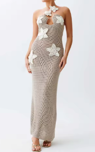 Knitted Halterneck Maxi Dress with 3D Floral Accents - Gray