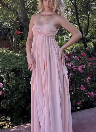Maxi Dress with Halter Neckline and Layered Skirt - Pink