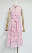 Sleeveless Lace Shirt Collar Midi Dress - Pink