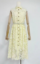 Sleeveless Lace Shirt Collar Midi Dress - Yellow