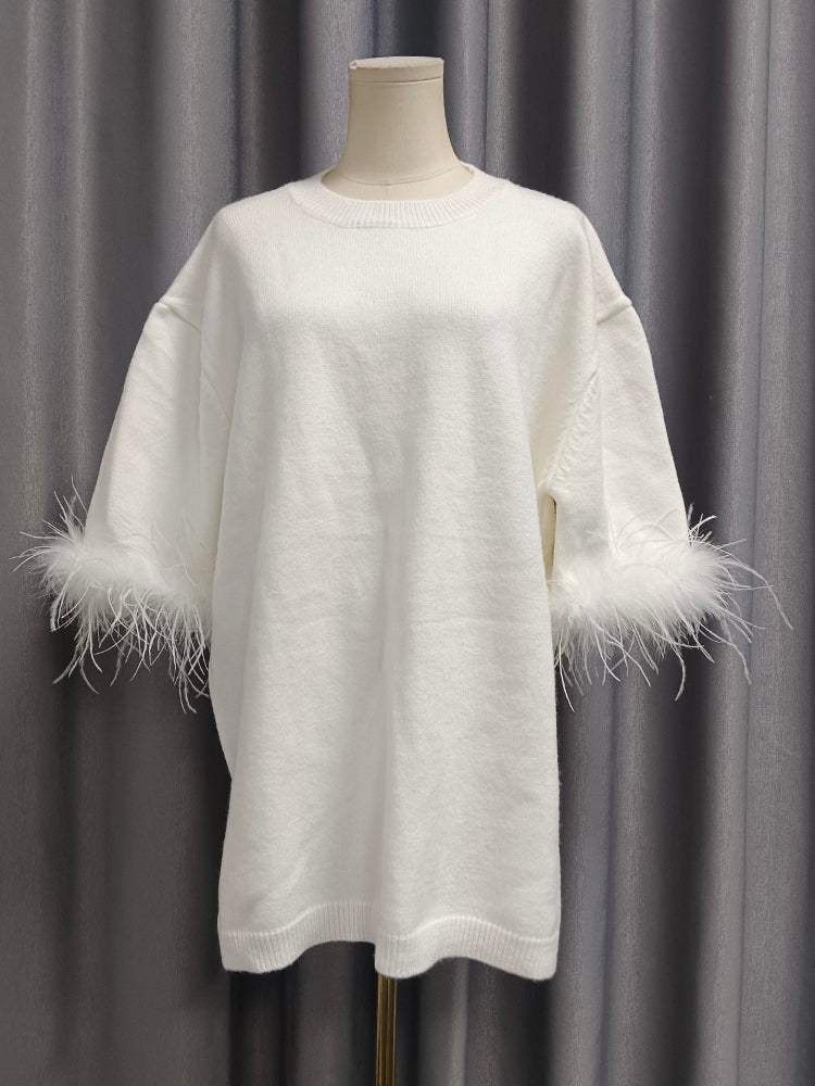 Oversized Sweater with Feather Trimmed Sleeves - White