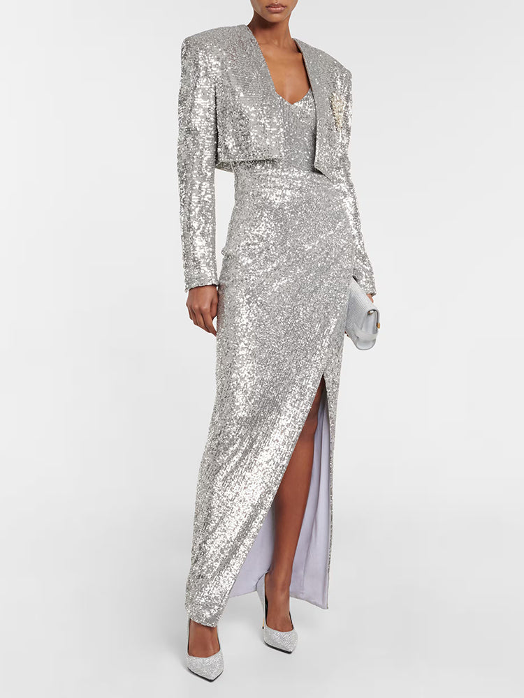 Sequined Cropped Blazer with Draped Maxi Dress - Silver