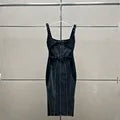 Sleeveless Midi Dress with Denim Panel Accents - Dark Gray