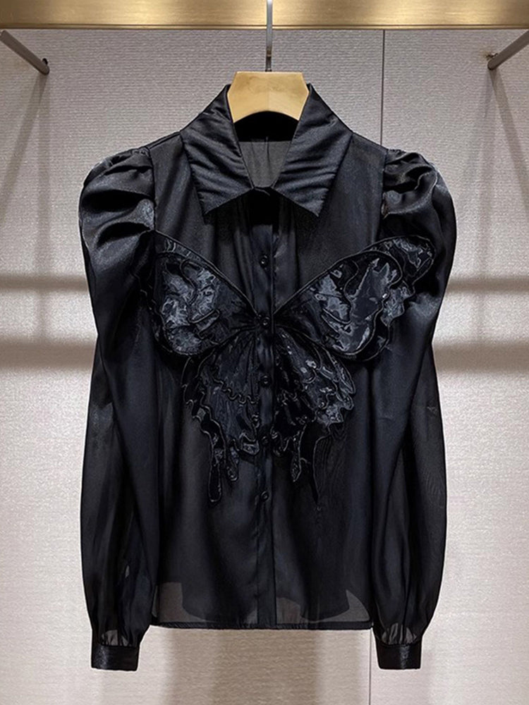 Butterfly Embroidered Button-Up Shirt with Puff Sleeves - Black