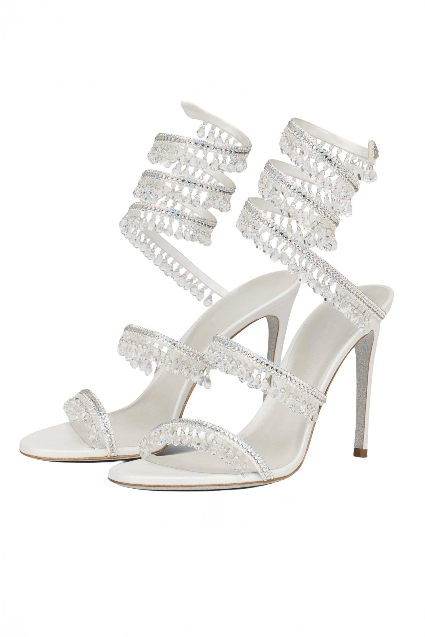 Beaded Wrap Strap High Heel Sandals - White