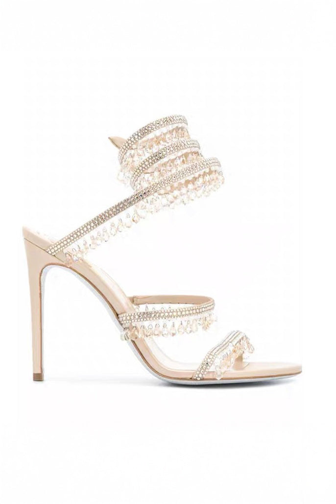 Beaded Wrap Strap High Heel Sandals - Beige