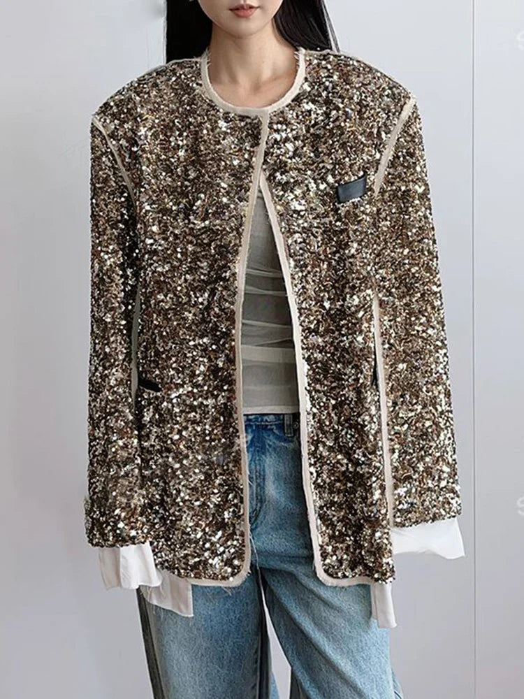 Sequined Statement Coat with Round Neckline and Relaxed Fit - Light Brown