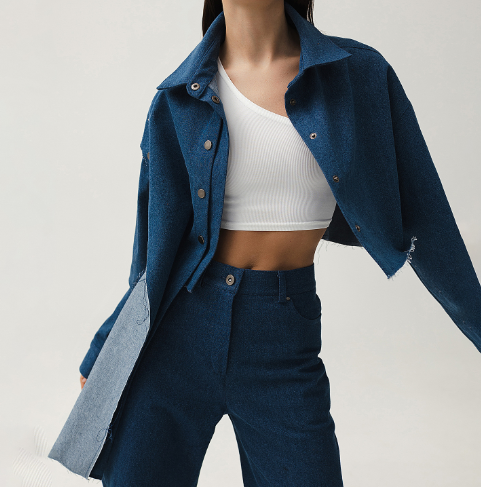 Cropped Denim Jacket with Raw Hem and Detachable Trousers Co-Ord Set - Dark Blue