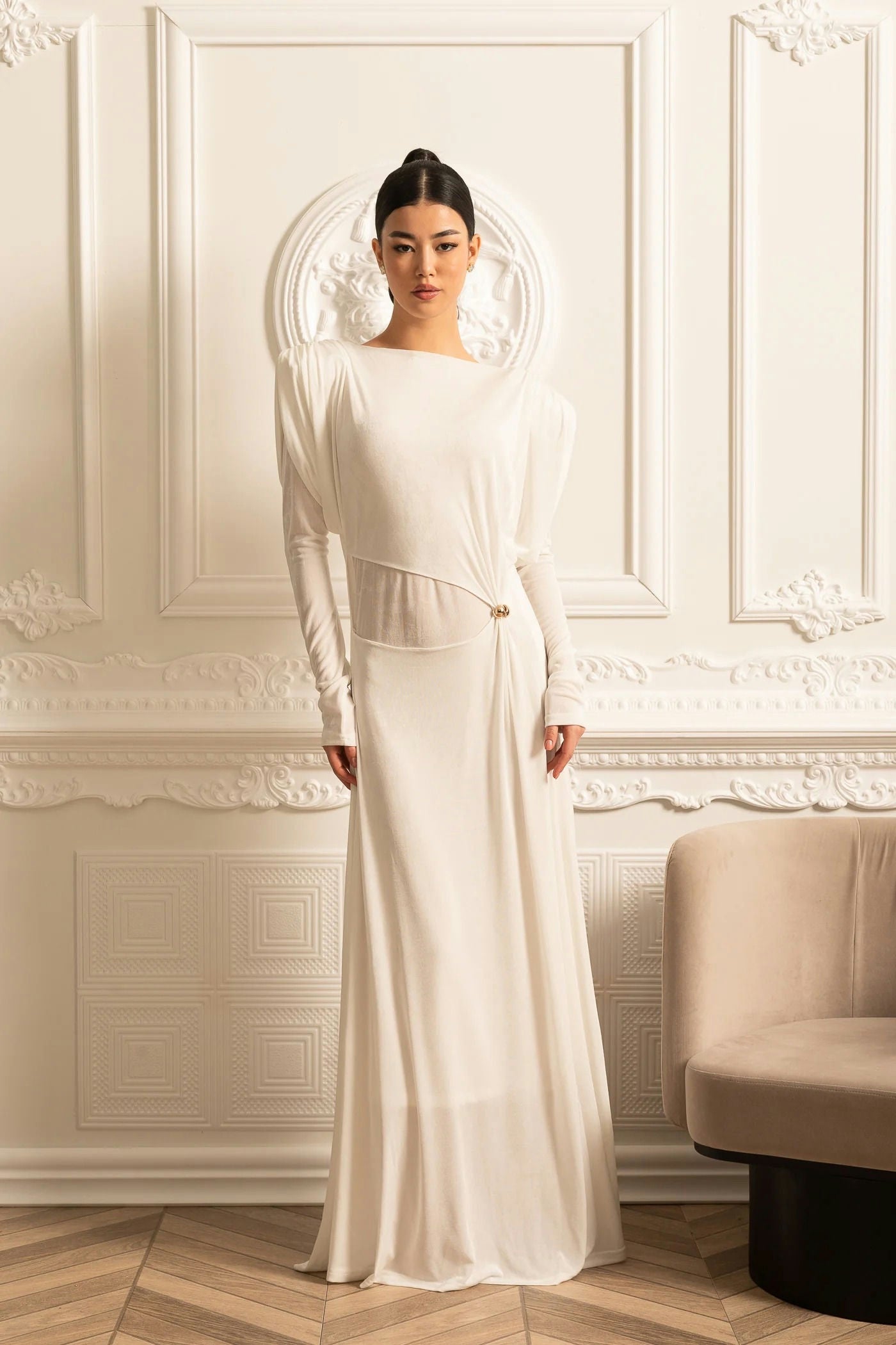 Long Sleeve Drape Detail Maxi Dress - White