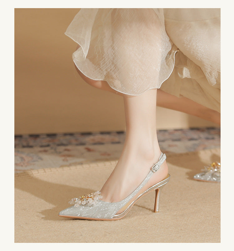 Slingback Heels with Beaded Flower Front and Buckled Strap - Silver