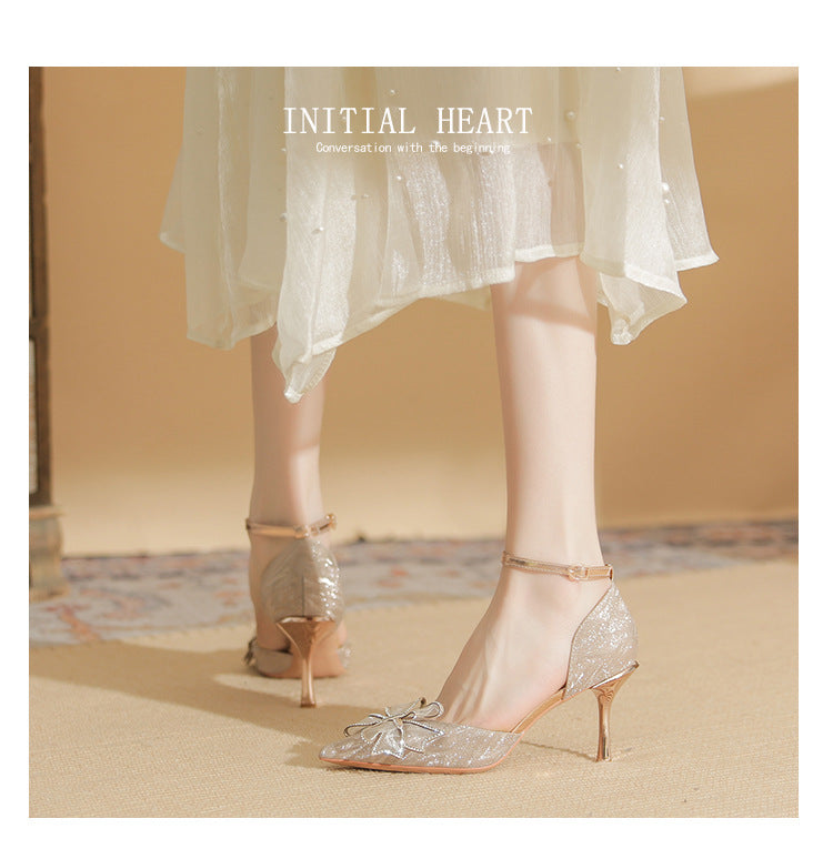 Glitter Heels with Large Bow and Ankle Strap - Champagne