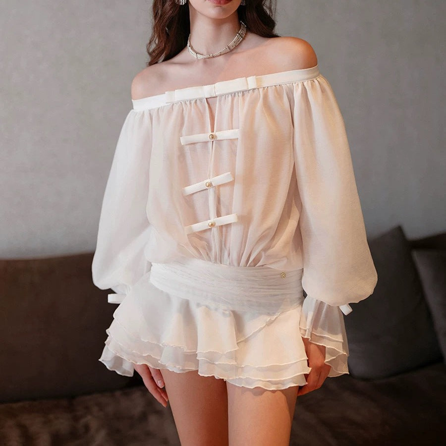 Mini Dress with Ruffle Skirt and Bow Details - White