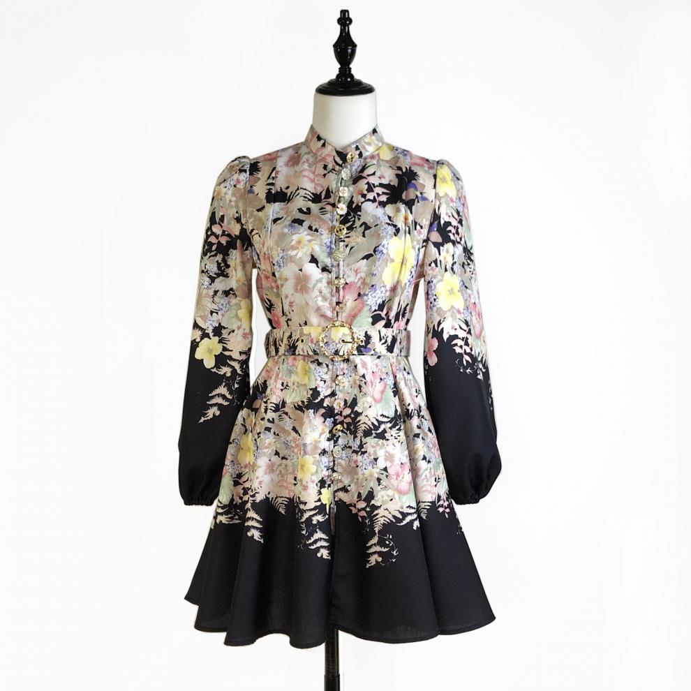 Mini Dress with Belt and Long Sleeves - Black