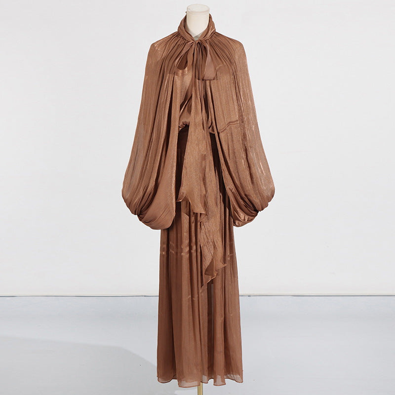 Pleated Maxi Dress with Tie Neckline - Brown