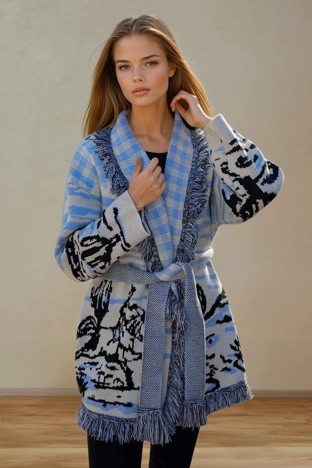 Open-Front Cardigan with Fringe Trim and Belt - Blue
