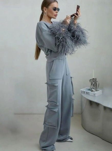 Feathered Sleeve Sweatshirt and Cargo Pocket Sweatpants Two-Piece Set - Light Blue