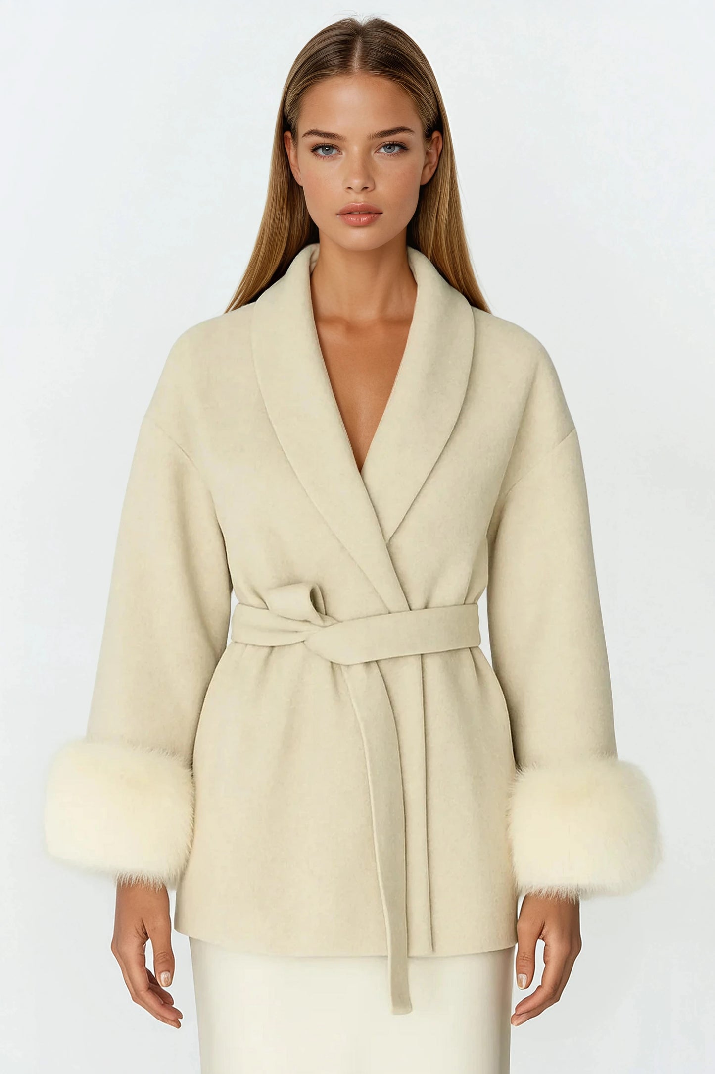 100% Wool Belted Coat with Fur Cuffs - Off White