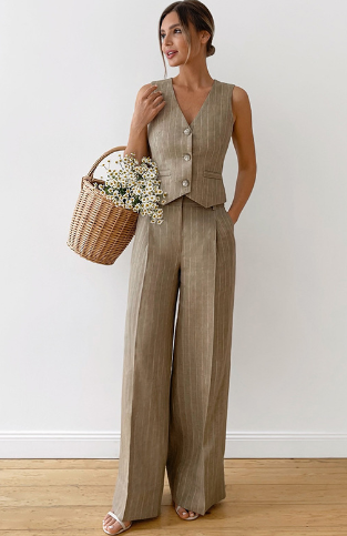 Two-Piece Set with Sleeveless Button-Up Vest and Wide-Leg Trousers - Khaki