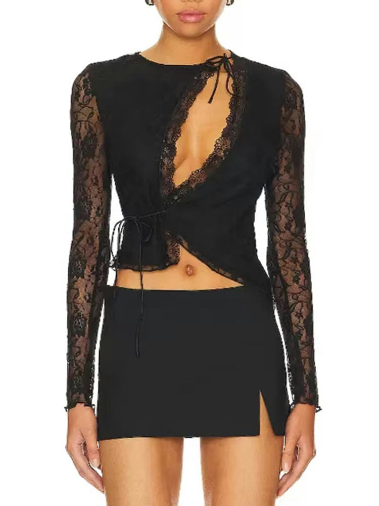 Lace Long-Sleeve Wrap Top with Plunging Neckline - Black