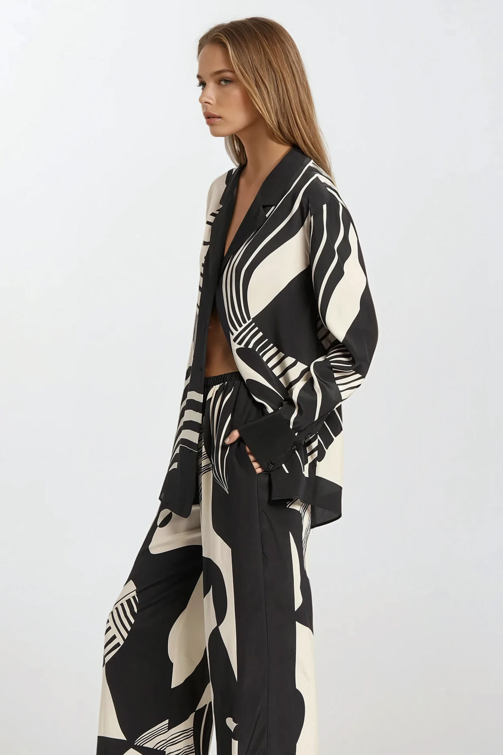 Two-Piece Set with Printed Shirt and Wide-Leg Trousers - Black & White