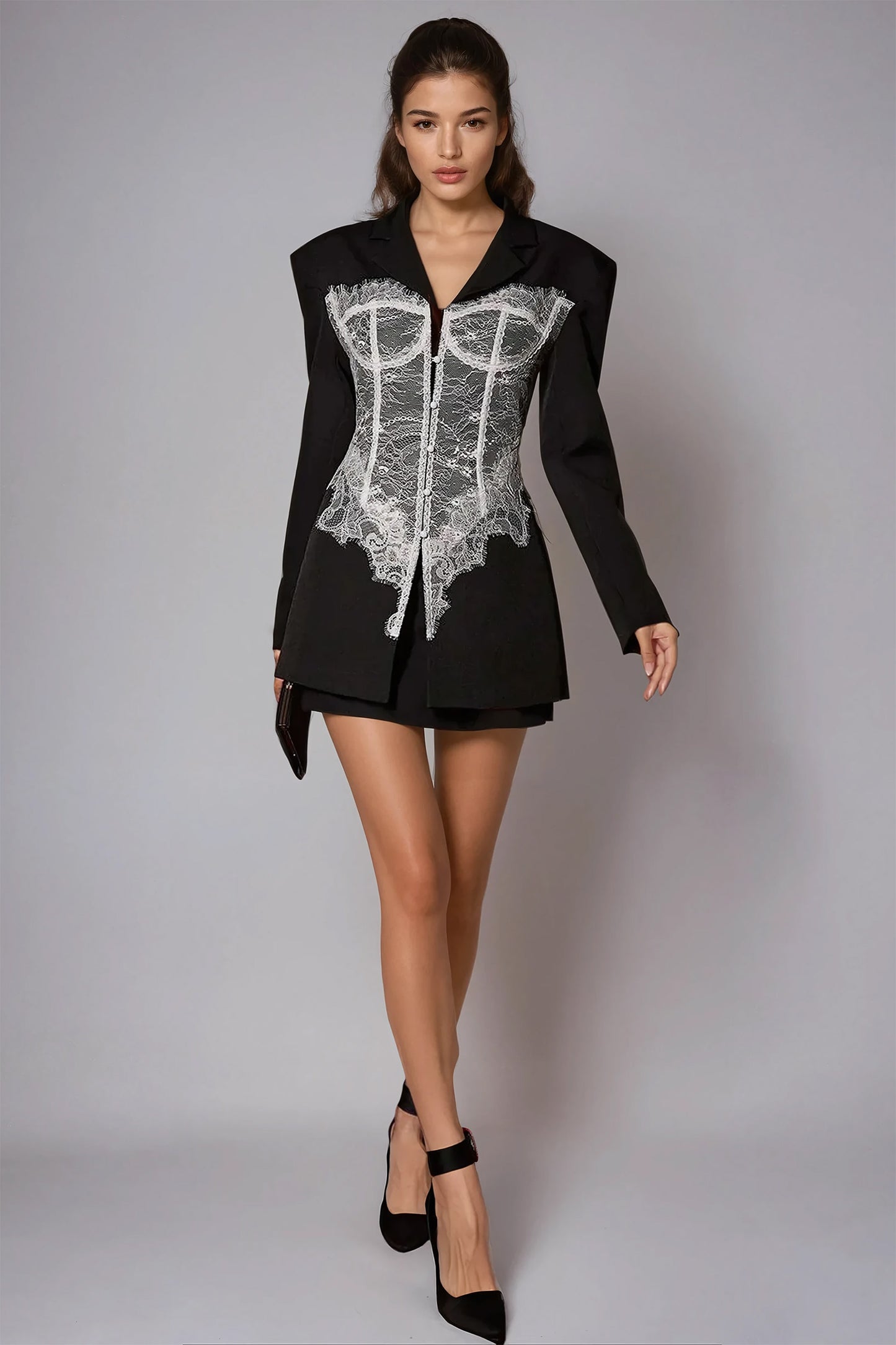 Blazer-Style Mini Dress with Lace Corset Detailing - Black