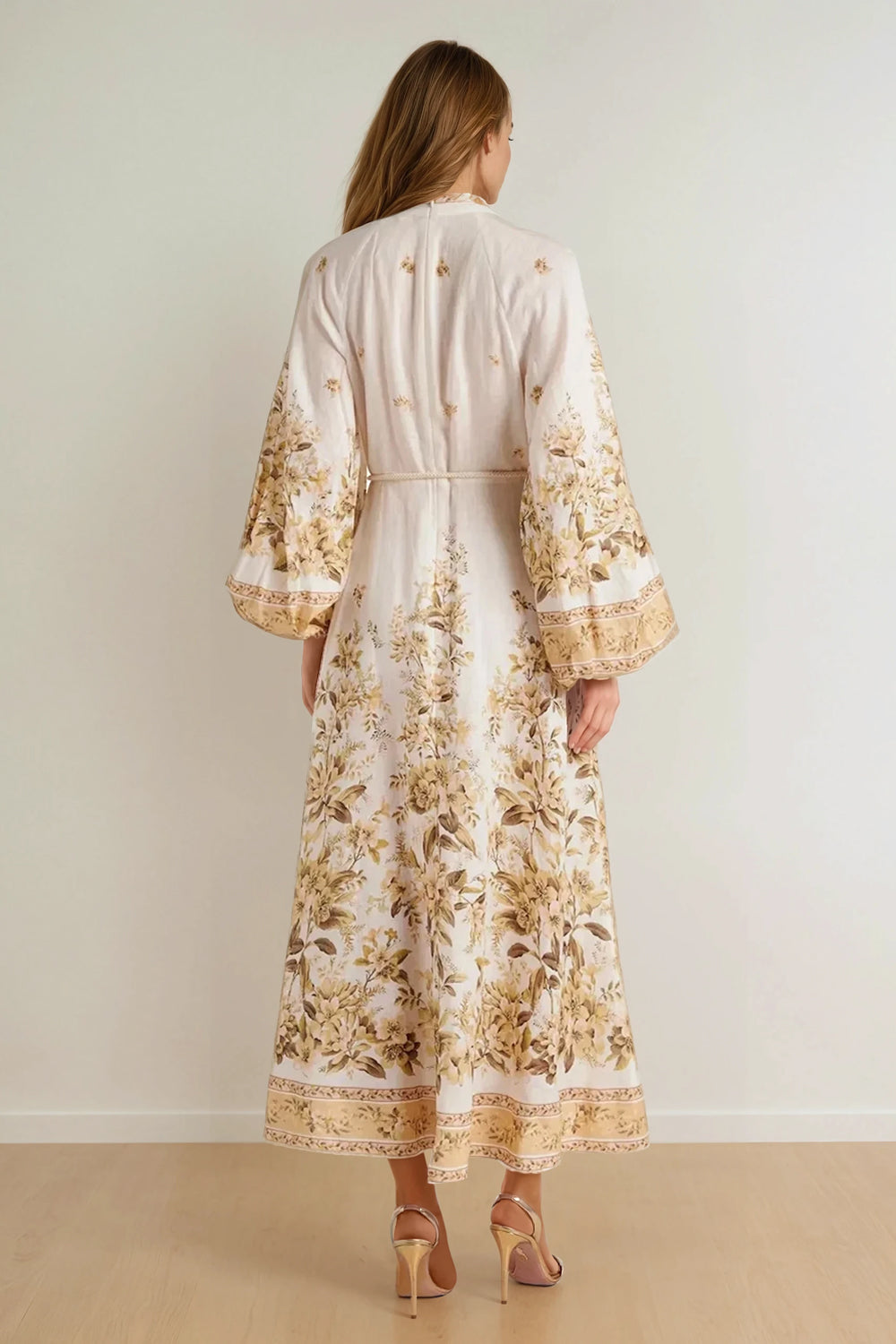 Long Sleeve Maxi Dress with Floral Embroidery and Rope Belt - Ivory