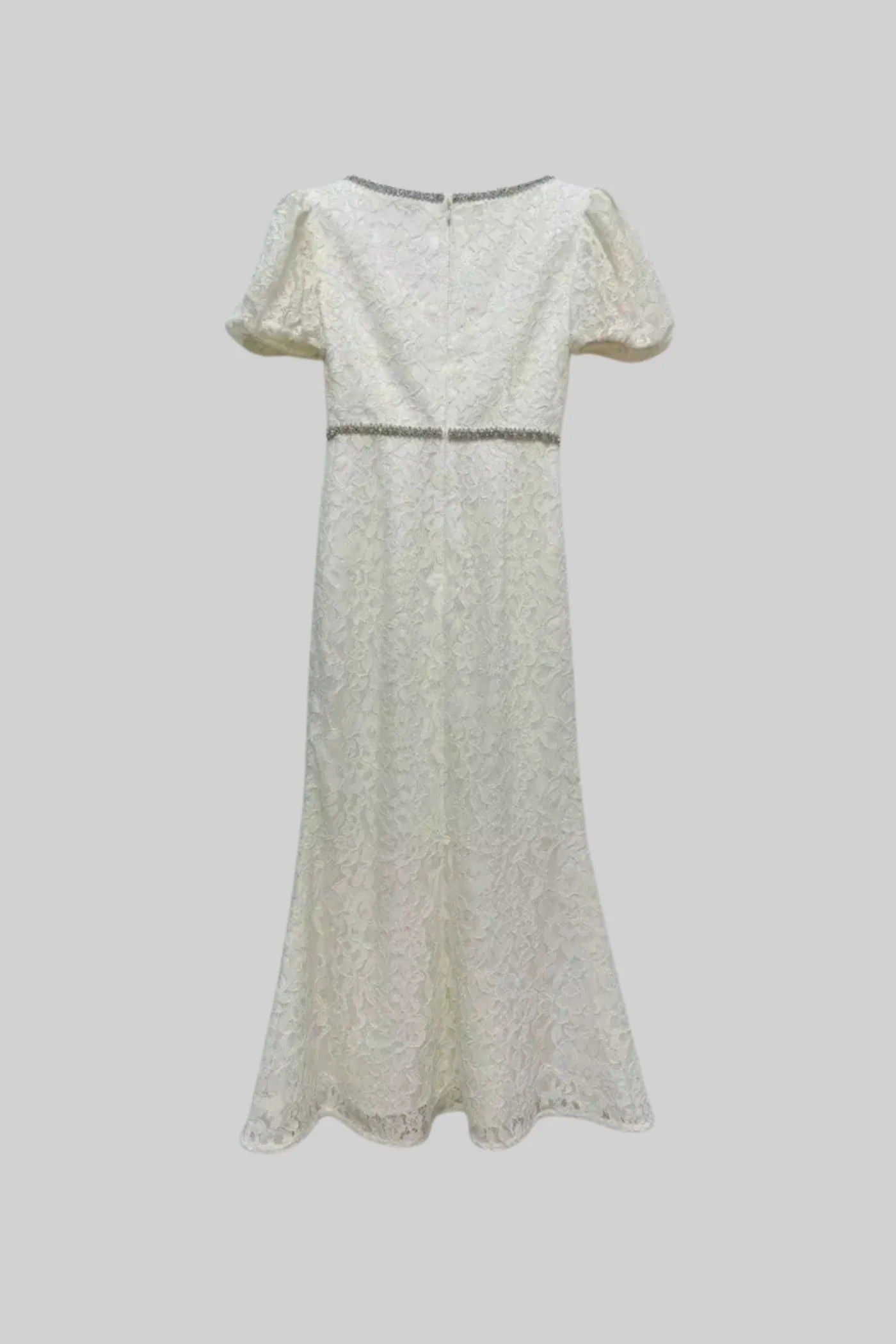 Midi Dress with Puff Sleeves and Embellished Trim - White