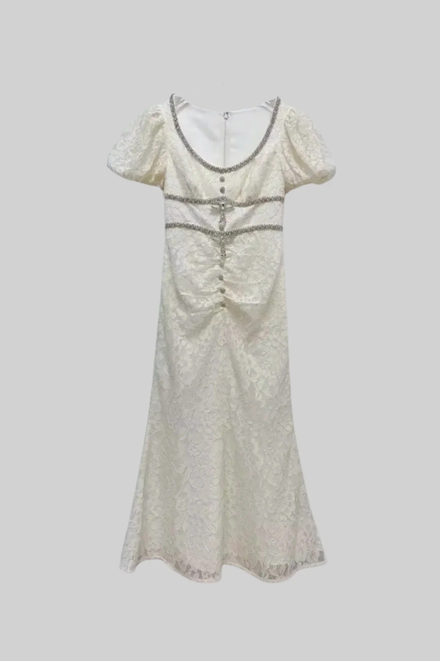 Midi Dress with Puff Sleeves and Embellished Trim - White