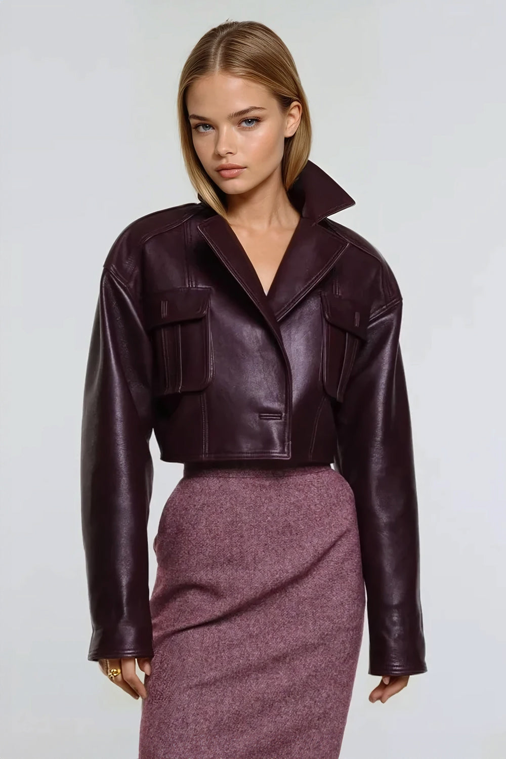 Cropped Leather Jacket with Cargo Pockets - Burgundy