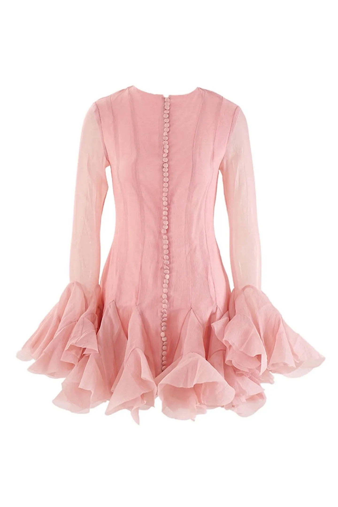 Long Sleeve Mini Dress with Sheer Sleeves and Ruffled Hem - Pink