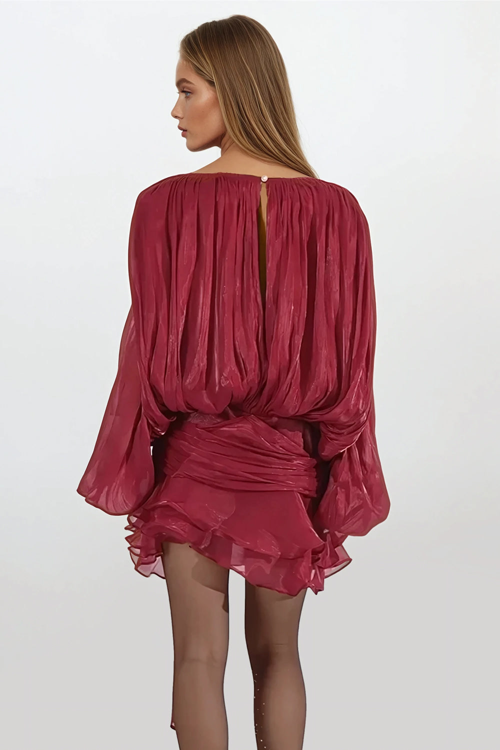 Ruffled Long Sleeved Mini Dress - Burgundy