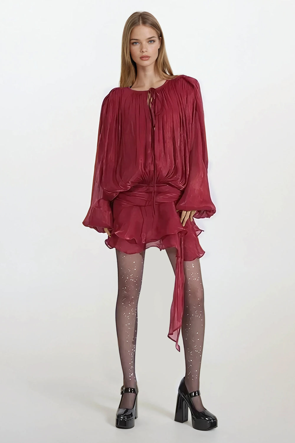 Ruffled Long Sleeved Mini Dress - Burgundy