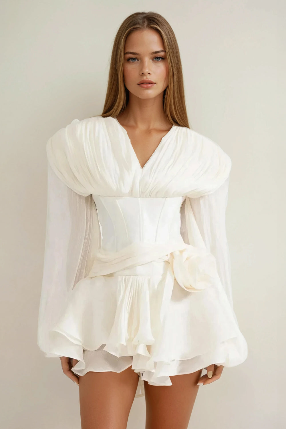 Mini Dress with Draped Accent and Ruffle Skirt - White